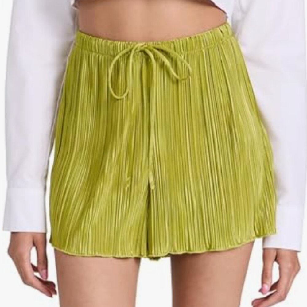 Good American Pleated High-Waist Drawstring Shorts in Lime